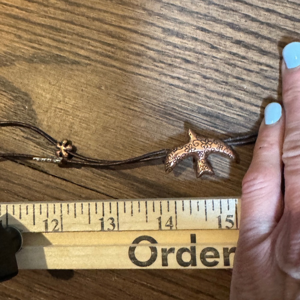 Boho Mixed Metal Butterfly Bird Lariat Necklace Brown Cord Nature Whimsical 36in - Picture 6 of 9